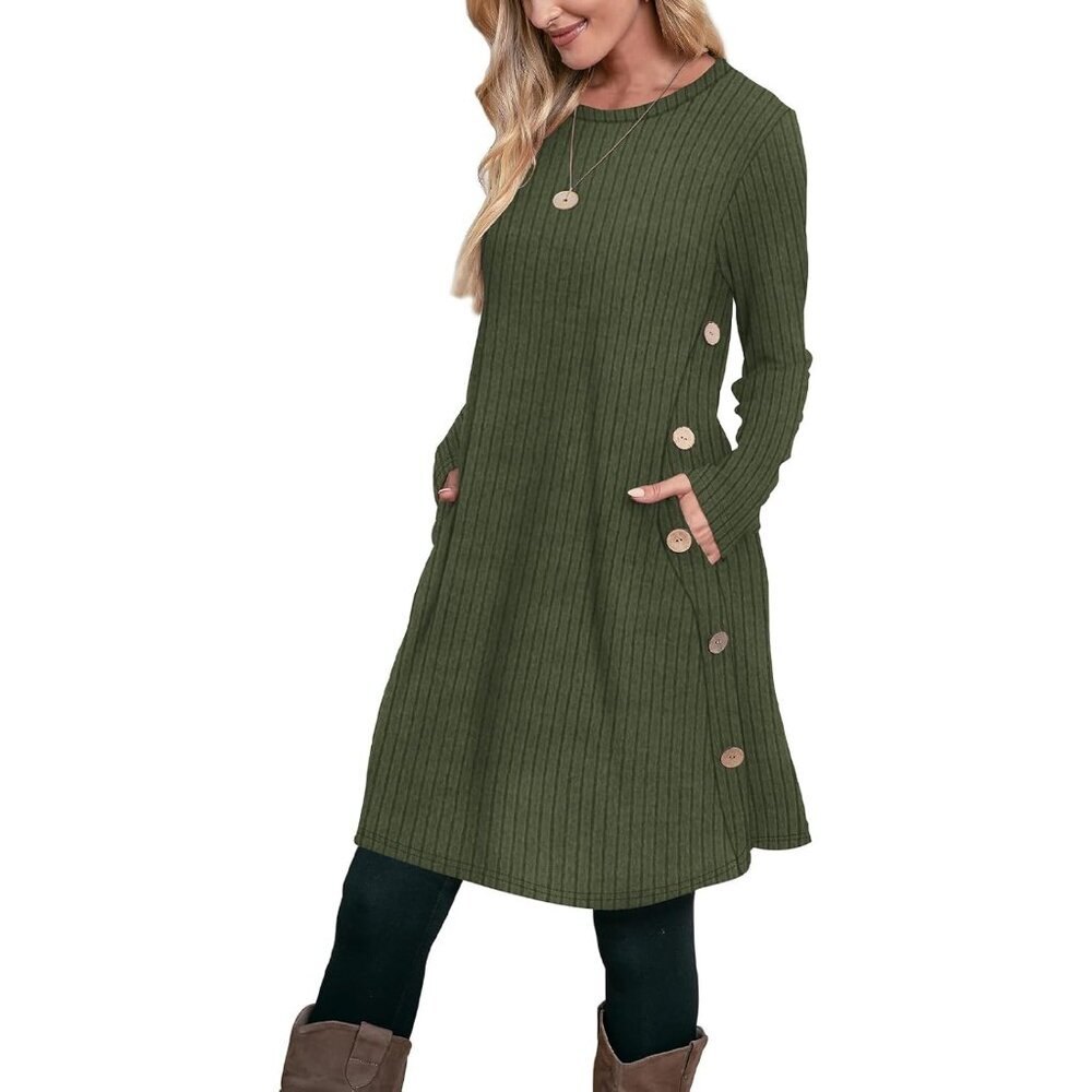 Ofeefan Women's Ribbed Army Green Crew Neck Long Sleeve Winter Tunic Dress